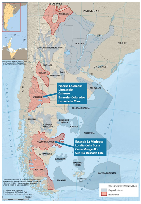 Mapa de Argentina con los yacimientos operados por Alianza Petrolera